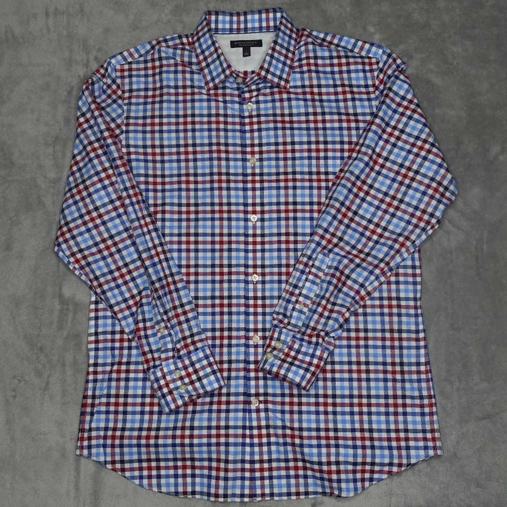 Banana Republic Casual Button Down Check Shirt Men's L Blue Red White Slim Fit